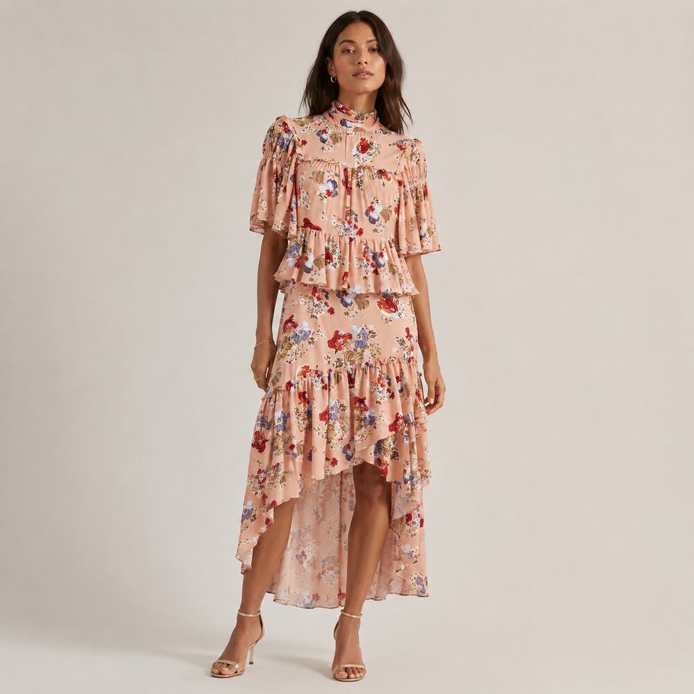 Cinq a Sept Jamie Dress in Bare Rose Floral ruffle Tiered size 0